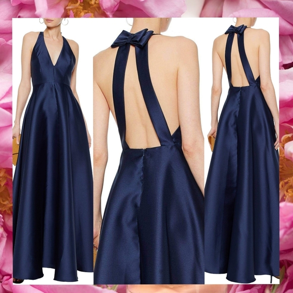 $795 NWT BADGLEY MISCHKA Womens Navy Blue Maxi Long Gown 2 XS Bow Wedding A-line - Picture 3 of 11